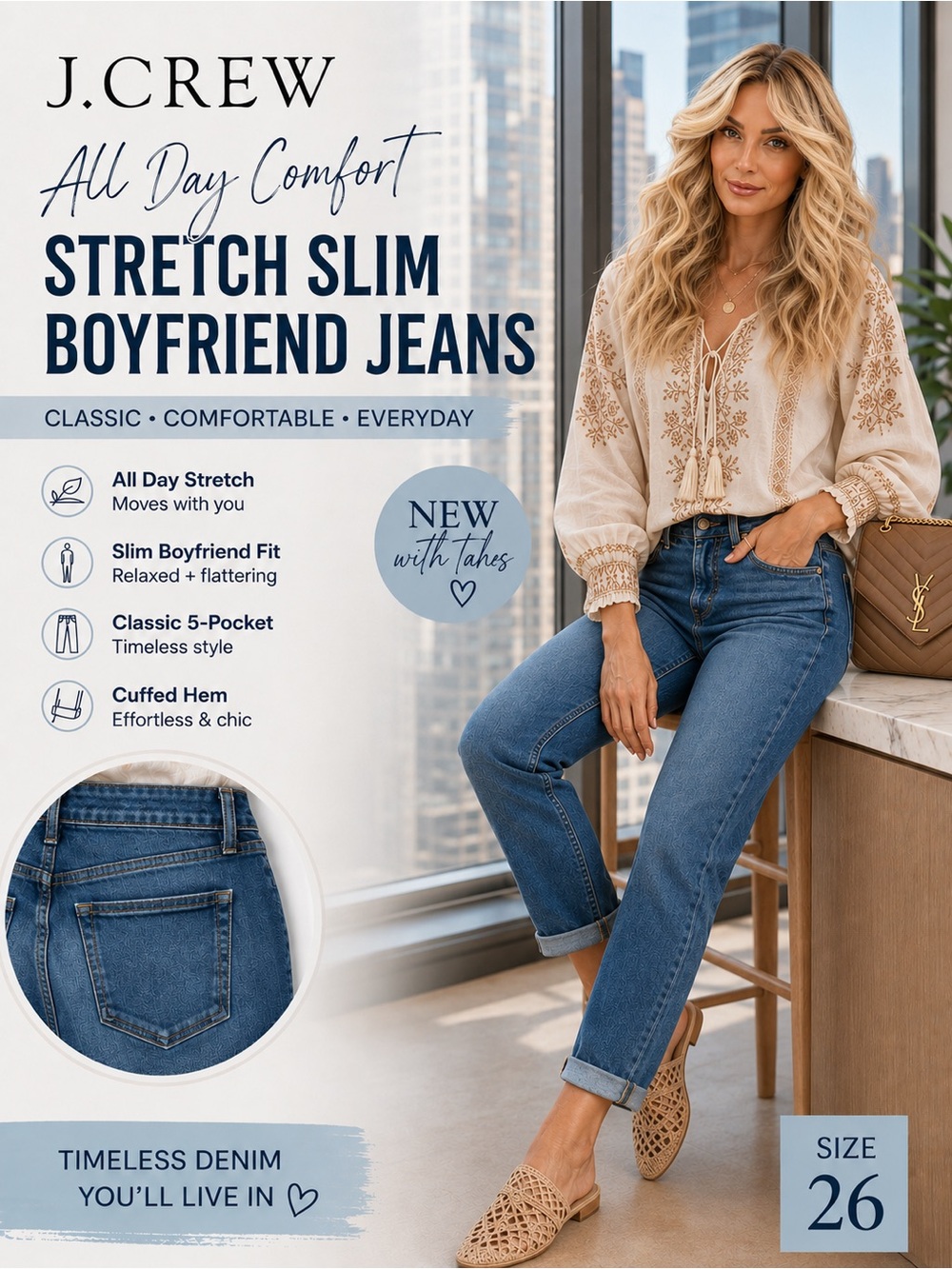 J.Crew Stretch Slim Boyfriend Jeans Size 26 NWT Cuffed Medium Wash Denim